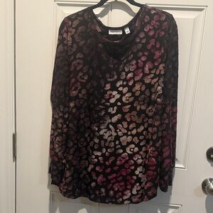 Susan Graver Velvet Animal Print Long Sleeve Top - Black & Burgundy